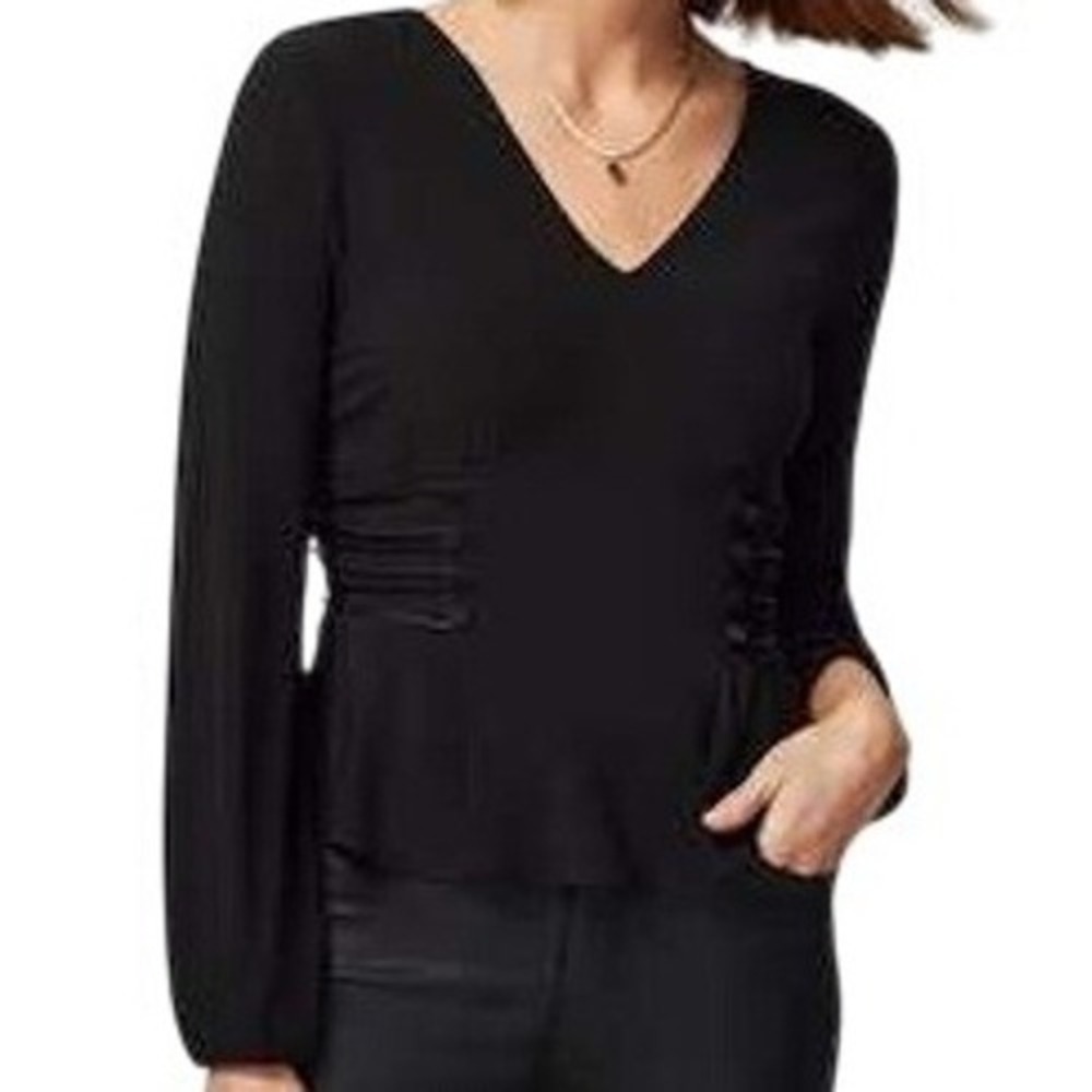 WHITE HOUSE BLACK MARKET Black L/S V Neck Peplum Top Button Detail EUC Size‎ S